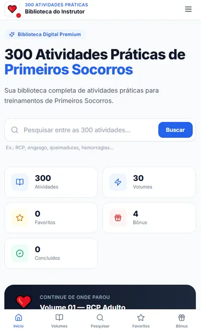 Tela inicial do aplicativo com as 300 atividades organizadas por tema