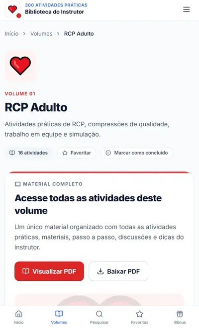 Tela do tema RCP Adulto com acesso ao PDF completo das atividades